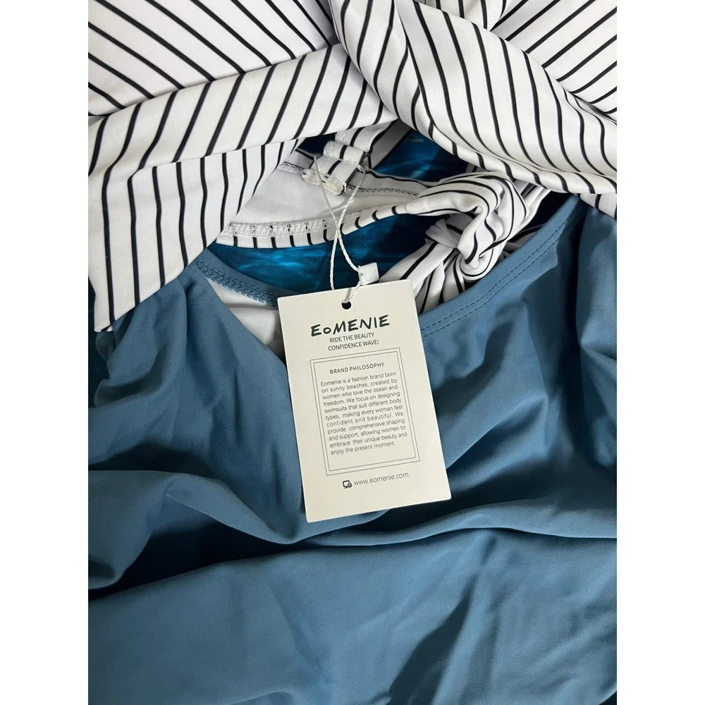 ☀️Eomenie Womens Striped Twist Front Tummy Control One Piece Swimsuit Blue White